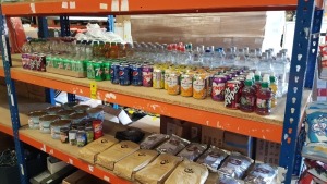 MISC LOT OF GROCERY ITEMS ON 2 SHELVES IE. 100 X 330ML CANS OF POP VIMTO, DR PEPPER, PEPSI, ORANGE, LEMON, 80 X 500ML BOTTLES OF WATER, 8 X 1KG BAGS PURE GUSTO HOT CHOCOLATE POWDER, 5 X 1KG BAGS OF PURE GUSTO COFFEE, 9 X 1.32KG TINS CARTERS PRIDE TUNA CHU