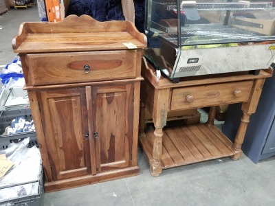 2 PIECE FURNITUR LOT TO INCLUDE DUBARRYS WOODEN CABINET WITH 1 DRAWER AND 1 X WOODEN CABINET WITH 2 SHELVES AND 1 DRAWER