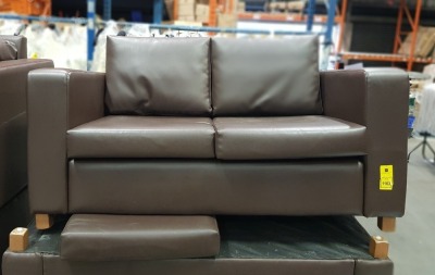 3 X 2 SEATED SOFAS WITH CUSHIONS IN ALL IN BROWN FAUX LEATHER ( DIMENSIONS - SEATING HEIGHT 40 CM - (160 CM WIDE AND 60 CM TOTAL HEIGHT )