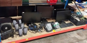 25 PIECE MIXED LOT CONTAINING 8 X COMPUTER MONITORS TO INLCUDE HP AND SAMSUNG - 6 X COMPUTER KEYBOARDS - 6 X DELL SPEAKERS - 2 X POLYCOM TELEPHONES - 1 X HTUST SPEAKER - 1 X MATSUI AND A LARGE QUANTITY OF CABLES TO INCLUDE INTERNET CABLES , POWER LEADS