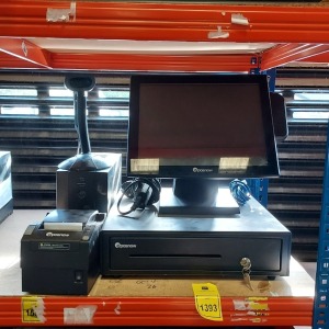 FULL EPOS NOW SYSTEM CONTAINING MONITOR WITH CARD READER , CASH REGISTER , RECEIPT PRINTER , APC BACK UPS 1400 , BARCODE SCANNER AND LEADS