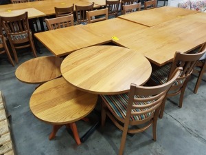 10 PIECE TABLE LOT CONTANING 3 X SQUARE TABLES ( W70 L 70 H73 CM ) 1 X ROUND WOODEN TABLE ( 80 CM DIAMETER ) , 2 X ROUND SMALL WOODEN TABLES ( 60 CM DIAMETER ) AND 4 X SINGLE DINING CHAIRS