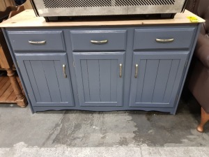 1 X WOODEN CABINET 3 DOOR 3 DRAWER WITH GREY FACE AND WOODEN COLOUR COUNTER TOP