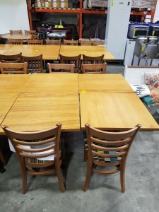 8 PIECE TABLE LOT CONTAINING 4 X WOODEN SQUARE TABLES ( W 70 L 70 H 73 CM ) WITH 4 SINGLE CHAIRS