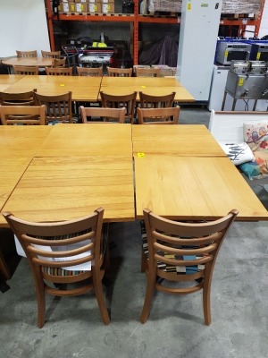 8 PIECE TABLE LOT CONTAINING 4 X WOODEN SQUARE TABLES ( W 70 L 70 H 73 CM ) WITH 4 SINGLE CHAIRS