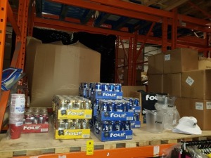 MISC LOT OF FOUR LOKO PRODUCT ON HALF A SHELF IE. CANS OF 8.5% ALCOHOLIC DRINKS 440ML BBE NOV 2022 - 192 X BLUE, 32 X GOLD, 24 X FRUIT, 4 X ICE BUCKETS, 3 X CRICKET HATS, BAGS ETC