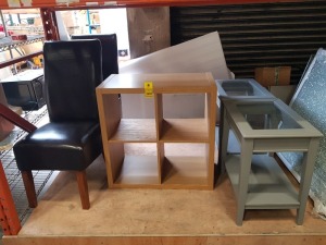 MISC 5 PC FURNITURE LOT IE. 2 X FAUX LEATHER HIGH BACK DINING CHAIRS, 4 SHELF STORAGE UNIT PLUS 2 X GREY GLASS TOP SIDE TABLES WITH UNDERSHELF