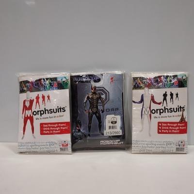 20 X BRAND NEW MORPHSUITS IN VARIOUS STYLES AND SIZES IE, ROBOCOP, RED TUXEDO AND FRENCH FLAG MORPSUITS.