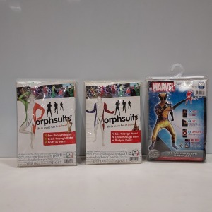 20 X BRAND NEW MORPHSUITS IN VARIOUS STYLES AND SIZES IE, MARVELS WOLVERINE, IRELAND FLAG AND FRENCH FLAG MORPHSUITS ETC.