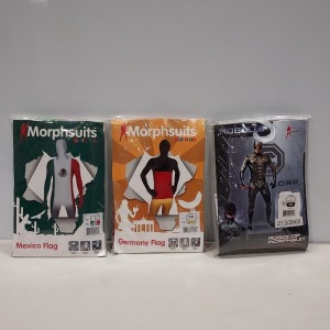 20 X BRAND NEW MORPHSUITS IN VARIOUS STYLES AND SIZES IE, GERMANY FLAG, MEXICO FLAG, ENGLAND FLAG AND ROBOCOP MORPHSUITS.