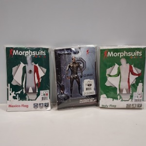 20 X BRAND NEW MORPHSUITS IN VARIOUS STYLES AND SIZES IE, MEXICO FLAG, ITALY FLAG AND ROBOCOP MORPHSUITS.