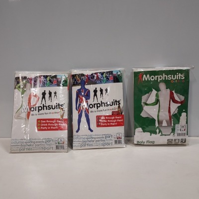 20 X BRAND NEW MORPHSUITS IN VARIOUS STYLES AND SIZES IE, IRELAND FLAG, UNIION JACK FLAG, ITALY FLAG AND ENGLAND FLAG MORPHSUITS.