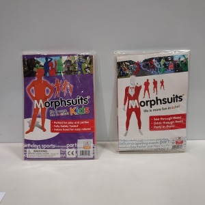 24 X BRAND NEW MORPHSUITS IN VARIOUS STYLES AND SIZES IE, RED TUXEDO, KIDS PLAIN ORANGE MORPHSUITS.