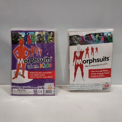 24 X BRAND NEW MORPHSUITS IN VARIOUS STYLES AND SIZES IE, RED TUXEDO, KIDS PLAIN ORANGE MORPHSUITS.