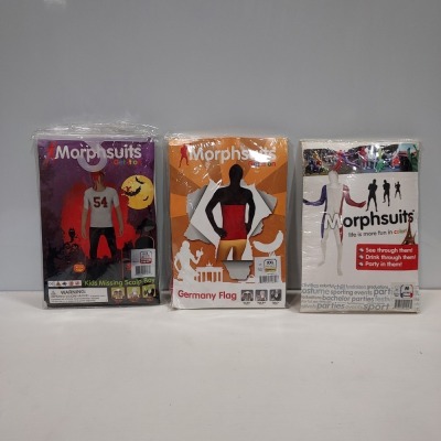 20 X BRAND NEW MORPHSUITS IN VARIOUS STYLES AND SIZES IE, FRENCH FLAG, GERMAN FLAG AND MISSING SCALP BOY MORPHSUITS