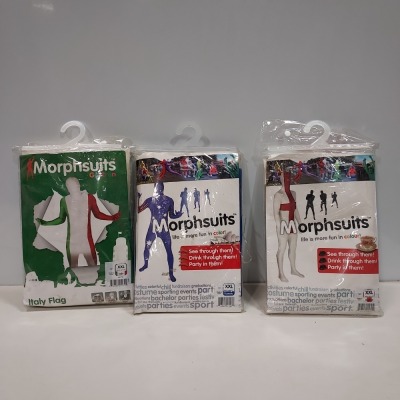 21 X BRAND NEW MORPHSUITS IN VARIOUS STYLES AND SIZES IE, ENGLAND FLAG, ITALY FLAG AND AUSTRALLIA FLAG MORPHSUITS