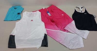 14 X MIXED SPORTS LOT TO INCLUDE ADIDAS WOMANS JERSEY , UNDER ARMOR VEST TOPS , MARSHAL ARTIST POLO SHIRT AND FARAH T-SHIRT ETC ALL IN VARIOUS SIZES