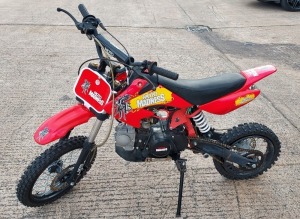 1 X MOTOMADNESS PIT BIKE 125 CC ( SN : BD125-1 ) - STARTS AND RUNS - BACK TYRE NEEDS REPLACING - PRODUCTION DATE - 2020 Y 09 M