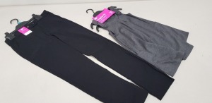 50 X MIXED F&F SCHOOL WEAR LOT TO INCLUDE 30 X BRAND NEW F&F GIRLS SLIM LEG TROUSERS IN VARIOUS SIZES TO INCLUDE ( 7-8 YRS - 10 - 11 YRS - 14 - 15 YRS ALL IN BLACK AND 20 X BRAND NEW GIRLS F&F PACK OF 2 REGULAR FIT PINAFORES ALL IN GREY IN SIZES TO INC