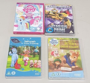 600 X BRAND NEW SEALED ASSORTED CHILDRENS DVD'S TO INCLUDE ( TRANSFORMERS , THE TALE OF PETERS GREAT ESCAPE , MY LITTLE PONY , IGGLEPIGGLE GOES VISITING ETC -- ALL ON 1 PALLET