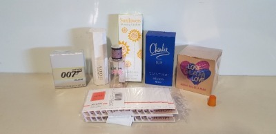 14 PIECE MIXED FRAGRANCE LOT TO CONTAIN JAMES BOND EAU DE COLOGNE 30ML,, HUMMER EAU DE TOILETTE 125ML, LOVE GLAM LOVE EAU DE TOILETTE 80ML, ANTONIO BANDERAS THE SECRET EAU DE TOILETTE 100ML, GIORGIO BEVERLY HILLS EAU DE TOILETTE 30ML, SUNFLOWERS EAU DE TO