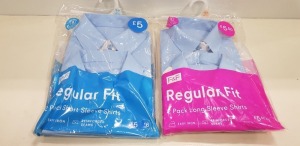 80 X BRAND NEW F&F SHIRTS CONTAINING 60 X F&F GIRLS PACK OF 2 REGULAR FIT SHIRTS AND 20 X F&F BOYS PACK OF 2 REGULAR FIT SHIRTS ( ALL IN VARIOUS SIZES AND SLEEVE LENGTH )