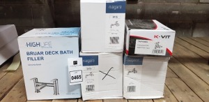 5 PIECE MIXED PLUMBING LOT TO INCLUDE 3 X NIAGARA CONWAY BATH FILLER, 1 X HIGHLIFE BATHROOMS BRUAR DECK BATH FILLER AND 1 X KLASSIQUE PAIR BATH PILLAR TAPS