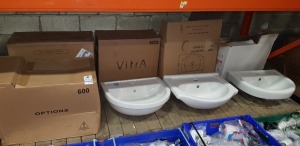 5 PIECE MIXED PLUMBING LOT TO INCLUDE CLOSE COUPLED WC PAN, AMBIANCE FRAME 60X48X20CM PLUS 3 X SINK BASINS