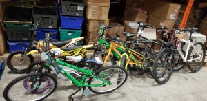 9 PIECE BIKE LOT CONTAINING EDGAR SPORT BIKE , APOLLO EVADE , CUBE RACE 200 , FORME KINDER MX20 , 2 X MOTOBIKES PEDDLE BIKES ETC