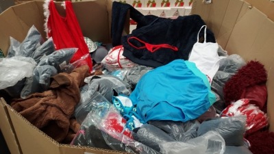 FULL PALLET OF ASSORTED CLOTHING TO INCLUDE TEDDY BEAR JUMPERS , WOMENS UNDERTOPS , VARIOUS WOMENS BRAS , SCARFS , VELVET SWEATERS , WOMENS SWIM WEAR ETC - ON A FULL PALLET COME LOOSE