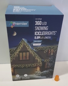 5 X BRAND NEW PREMIER LOW VOLTAGE 360 LED SNOWING ICICLEBRIGHTS - 8.8 M LIT LENGTH IN WARM WHITE - CLEAR CABLE