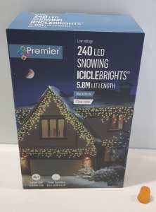 6 X BRAND NEW PREMIER LOW VOLTAGE 240 LED SNOWING ICICLEBRIGHTS - 5.8 M LIT LENGTH IN WARM WHITE - CLEAR CABLE