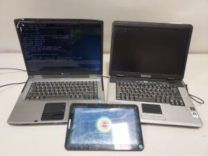 3 PIECE MIXED LOT CONTAINING 1 X MEDION 4754 LAPTOP - HARD DRIVE WIPED - NO OS - WITH CHARGER 1 X GATEWAY LAPTOP -HARD DRIVE WIPED - NO OS - WITH CHARGER 1 X ALLWINNER TABLET