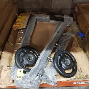 1 X METAL WEIGHT STAND WITH ALL BOLTS AND ALSO COMES WITH 2 X 10KG SLIDE ON PLATES - PLEASE NOTE THIS IS A CUSTOMER RETURN