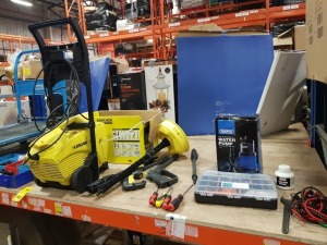 6 PIECE MIXED LOT CONTAINING MAC ALLISTER INDUSTRIAL TROLLEY , KARCHER 411 A - IMPROVED MODEL '99 , INCLUDES 6 ATTACHMENTS , DRAPER WATER SUBMERSIBLE PUMP WITH FLOAT SWITCH , PIPE WELD CEMENT , GOLD SCREW TRAY WITH VARIOUS PLATIC FITTINGS , AND VARIOUS S