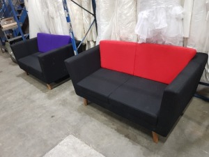 4 X 2 SEATER SOFAS IN VARIOUS COLOURS YELLOW, BLUE, RED AND PURPLE