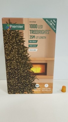 5 X BRAND NEW PREMIER 1000 LED TREEBRIGHTS - 25 M LIT LENGTH FOR INDOOR / OUTDOOR USE AND WITH TIMER FUNCTION - IN 5 BOXES 1 X MULTI-COLOURED LED 4 X WARM WHITE LED