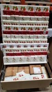 2500+ VARIOUS STYLE CHRISTMAS CARDS ON A WOODEN SINGLE SIDED PRESENTATION DISPLAY STAND - WITH 2 BOTTOM DRAWERS FULL OF BOXED CARDS ( HEIGHT : 147 CM :- LENGTH :125 CM :- DEPTH 50 CM )