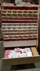 2500+ VARIOUS STYLE CHRISTMAS CARDS ON A WOODEN SINGLE SIDED PRESENTATION DISPLAY STAND - WITH 2 BOTTOM DRAWERS FULL OF BOXED CARDS ( HEIGHT : 147 CM :- LENGTH :125 CM :- DEPTH 50 CM )