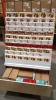 2500+ VARIOUS STYLE CHRISTMAS CARDS ON A WOODEN SINGLE SIDED PRESENTATION DISPLAY STAND - WITH 2 BOTTOM DRAWERS FULL OF BOXED CARDS ( HEIGHT : 147 CM :- LENGTH :125 CM :- DEPTH 50 CM )