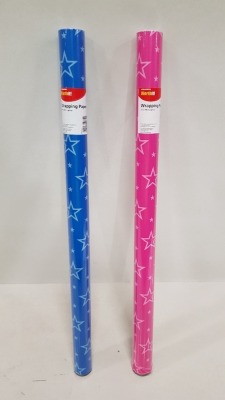 288 X BRAND NEW WRAPPING PAPER ( 2M - 69 CM APPROX ) - COMES IN 2 COLOURS - BLUE AND PINK - IN 12 BOXES