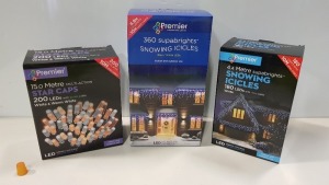 7 PIECE BRAND NEW PREMIER CHRISTMAS LIGHTS LOT CONTAINING 360 SUPABRIGHTS SNOWING ICICLES BLUE/WHITE LED - INDOOR/OUTDOOR USE 8.8 M LIT LENGTH , 15.0 METER ULTI-ACTION STAR CAPS 200 LED WITH GREEN CABLE WHITE/WARM WHITE 10 M LIT LENGTH ETC - IN 7 BOXES