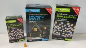 9 X BRAND NEW PREMIER CHRISTMAS LIGHTS LOT CONTAINING 3 X 57.5 METRE SUPABRIGHTS WITH 720 LEDS IN WHITE AND WARM WHITE FOR INDOOR/OUTDOOR USE , 3 X BRAND NEW 8.8 METRE SUPABRIGHTS SNOWING ICICLES WITH 360 LED IN WARM WHITE - FOR INDOOR/OIUTDOOR USE AND 3 