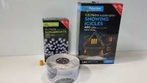 16 X BRAND NEW PREMIER CHRISTMAS LIGHTS LOT CONTAINING 9 X BRAND NEW MICROBRIGHTS 400 LED MULTI-ACTIONS IN MULTI-COLOURED AND WARM WHITE , 2 X PREMIER 11.8 METRE SUPABRIGHTS SNOWING ICICLES 480 LEDS IN WARM WHITE , 5 X BRAND NEW 9.5 METRE SUPABRIGHTS 120