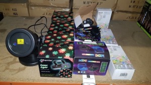 11 X MIXED CHRISTMAS LIGHT LOT CONTAINING 4 X LASER LIGHTPROJECTOR FOR INDOOR USE ONLY - 1.8 M CABLE , 3 X MINI LASER STAGE LIGHT , 3 X MICROBRIGHTS STAR CLUSTER 160 LED AND 1 X LASER APERTURE - IN 10 BOXES AND 1 LOOSE