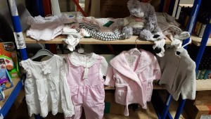 MISC LOT OF 22 ITEMS OF BABIES CLOTHING & YOUNG CHILDRENS WEAR IE. VTECH FREDDIES FIRE STATION, VTECH TOUCH & TEACH TABLET, PLAY DOH KITCHEN, TOOT TOOT CARS, DISNEY FROZEN II, THE COSY CLUB BEAR, KRIS X KIDS, BABYTOWN, CONSCIOUS, ETC - ON 2 SHELVES