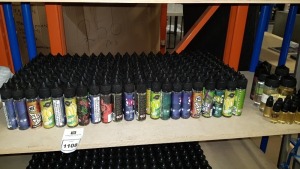 210 X ASSORTED FLAVOURED VAPE REFILL LIQUID 50ML CARTRIDGES (MANUF DATE 2021 - BEST BEFORE 2 YEARS) - ON 1 SHELF