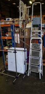 MISC HARDWARE LOT CONSISTING OF 2 LADDERS, 4 FOLDABLE TABLES & 2 GOWN RAILS