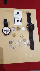 MISC LOT OF 18 ITEMS IE, LORUS CHRONOGRAPH & GRAND TOURING WATCHES, £2 COIN 2008 MARKING THE ABOLISHMENT OF THE SLAVE TRADE (NO QUEENS HEAD), 2 X 50P PIECES, 2 X THREEPENNY BITS, 11 SILVER SIXPENSES