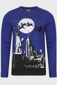 32 X BRAND NEW SANTA SLEIGH NEW YORK CHRISTMAS JUMPERS IN BLUE SIZE LARGE - SPROUTS ON TOWN CHRISTMAS JUMPERS IN MEDIUM AND XL